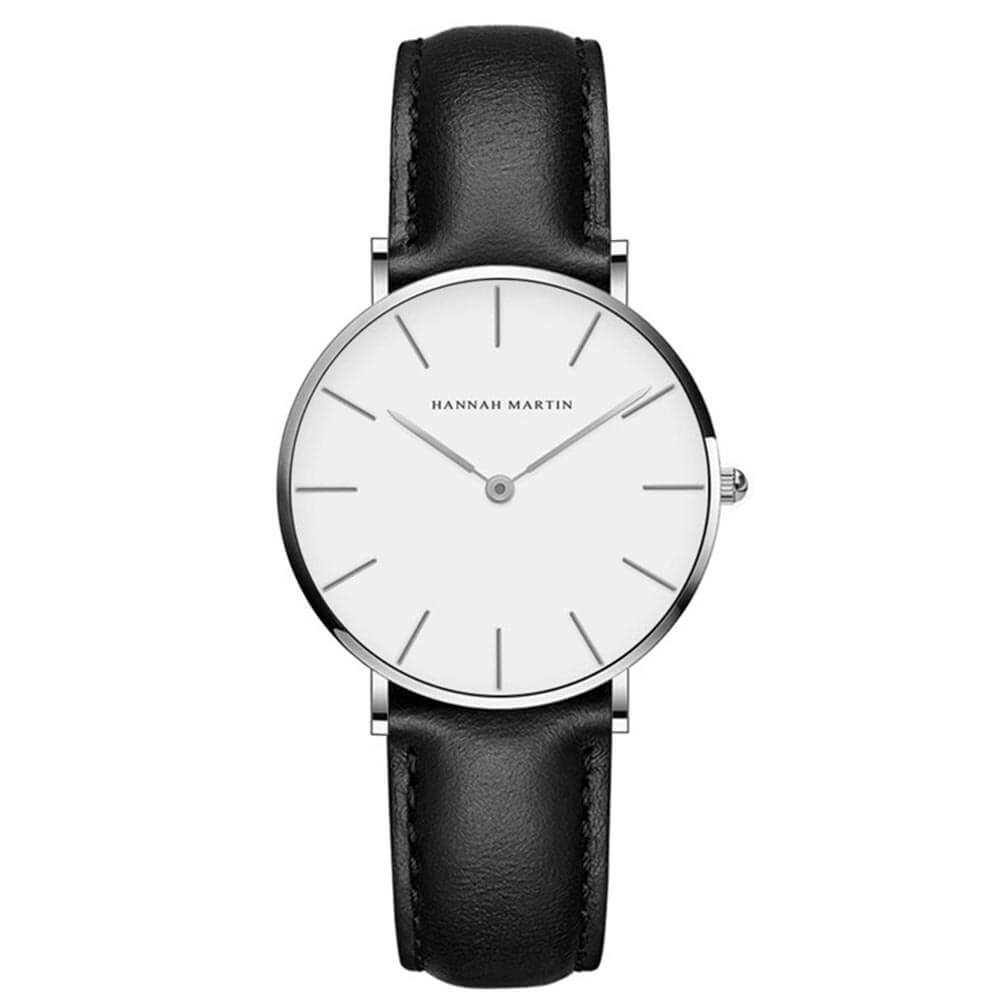 Reloj Mujer Hannah Martin Pulsera Cuero Negro Aguja Silver 36 mm fondo blanco